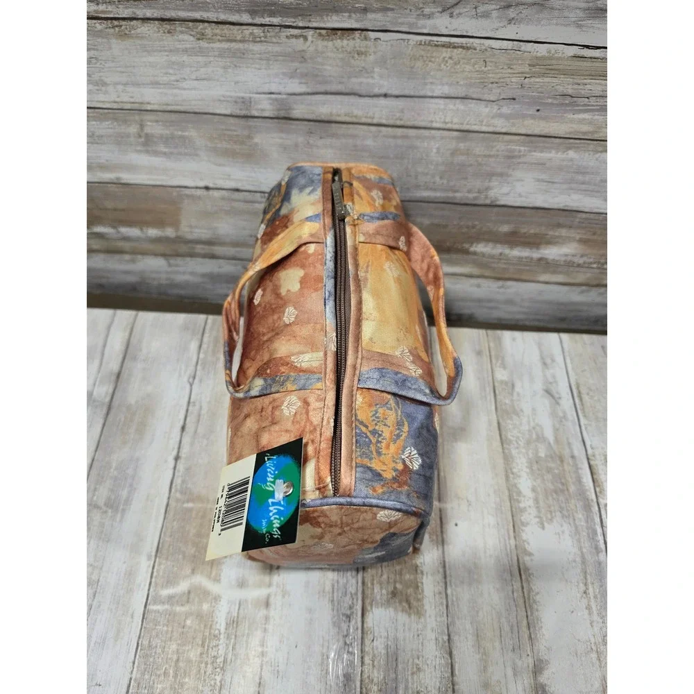 Living Things Co Abstract Floral Batik Canvas Barrel Travel Bag‎ Orange Blue NWT